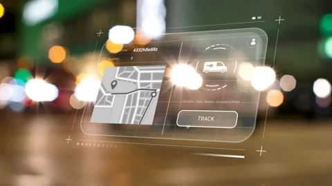 Cursor hovering TRACK button starting HUD over bokeh, map and van animating, Stock Footage 333657628