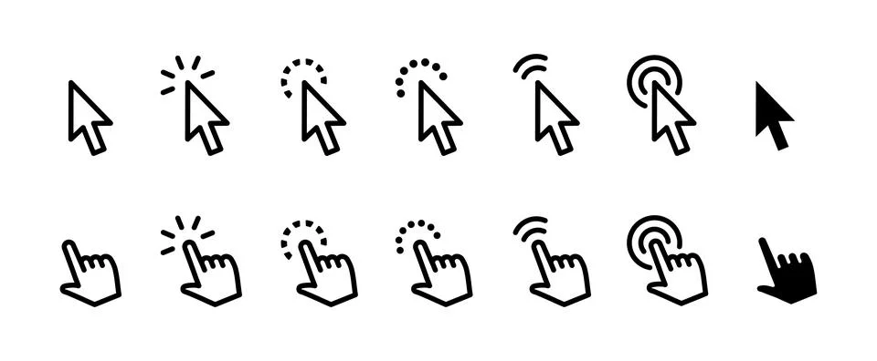 Cursor icon set. Mouse pointer symbol collection. Finger cursor vector illu.. Illustrazione stock