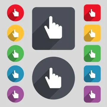 Cursor icon sign. A set of 12 colored buttons and a long shadow. Flat design. Illustrazione stock