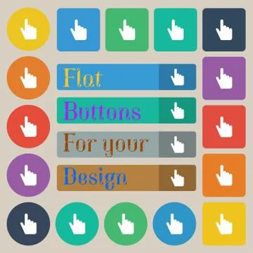 Cursor icon sign. Set of twenty colored flat, round, square and rectangular butt Illustrazione stock