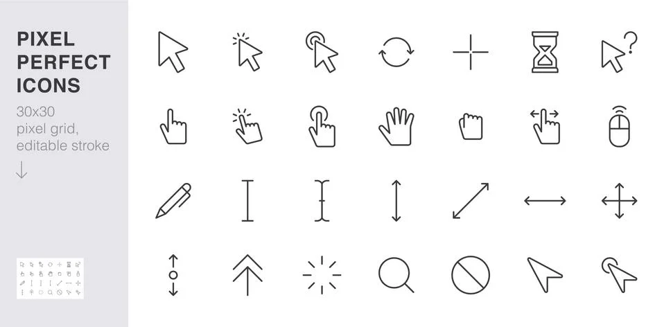 Cursor line icon set. mouse click, hand tap, arrow pointer, type here, scroll Stock Illustration