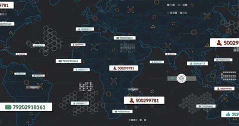 Cursor moving across map selecting labels, map populating analytics markers and Vídeos de archivo 330676129