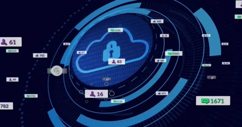 Cursor moving from dotted arc, cloud padlock rotating while badges orbiting to Stock Footage 321100329