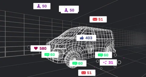 Cursor selecting 3D van, causing social icons popping updating fading Stock Footage 312845016