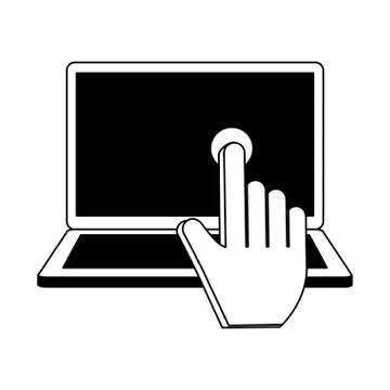 Cursor touching laptop screen in black and white Illustrazione stock