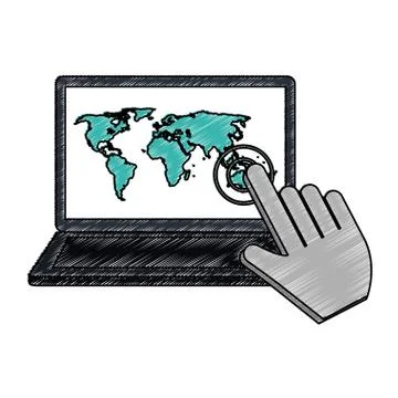 Cursor touching laptop screen scribble Illustrazione stock