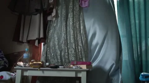 Curtain Flaps in the wind on the window Video stock 172133472