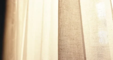 Curtain, light and wind with fabric for gentle breeze, morning bliss or texture Stock Footage 345549031