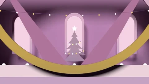 Curtain opening, slit widening crossing beams, snow falling, revealing tree with Stock Footage 340269543