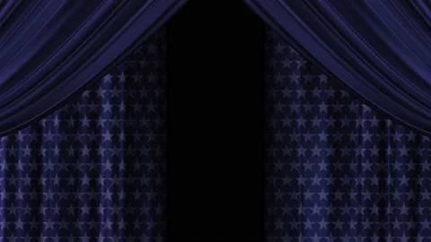 Curtains with a star pattern on the fabric. Blue flapping canvas. Opening of Stock Footage 146739109