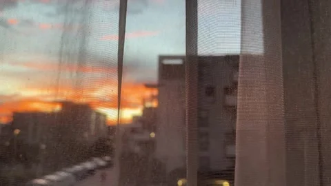 Curtains with Sunset Background Stock Footage 308258238