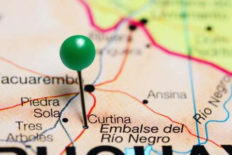 Curtina pinned on a map of Uruguay Stock Photos