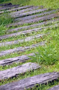 A curvaceous foothpath made of concrete blocks across the grass 写真素材