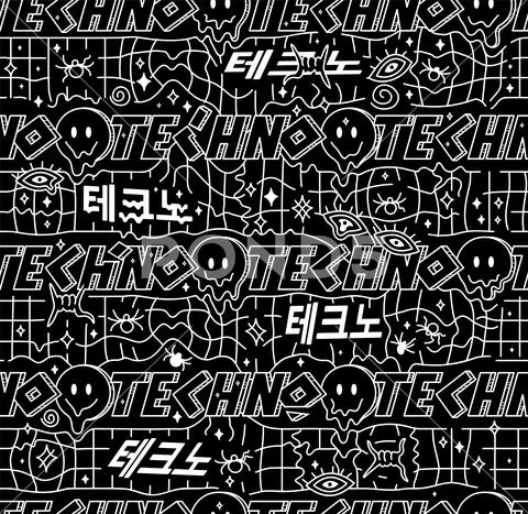 Black and white cartoon pattern on black background, abstract design Stock  Illustration