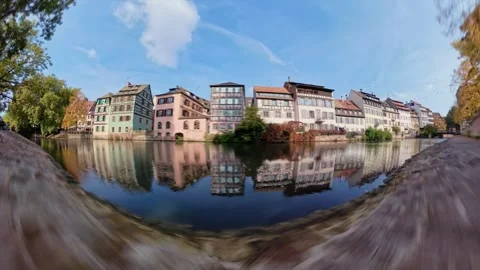 Curved 360 Panoramic View Of Traditional Half-timbered Houses And Calm River Stock Footage 337724255