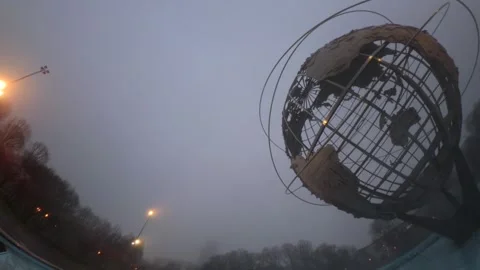 A curved 360 view of the iconic Unisphere in Flushing Meadows Corona Park on a Stock Footage 333342097