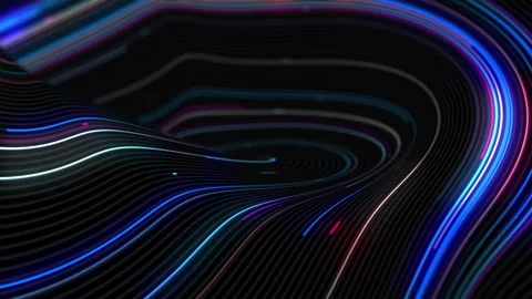 A curved 3D dark figure consists of multi-colored lines moving in a circle... Vídeo Stock 264303215