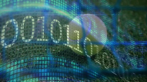 Curved 3D mesh being animated in futuristic data scene, with glowing squares and Stock Footage 307460512