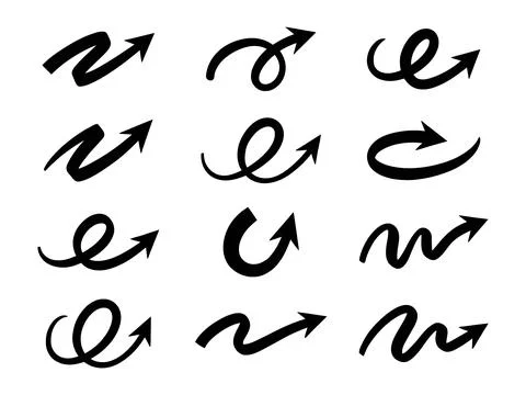 Curved and wavy arrow pointers line art vector illustration collection set Ilustración de archivo