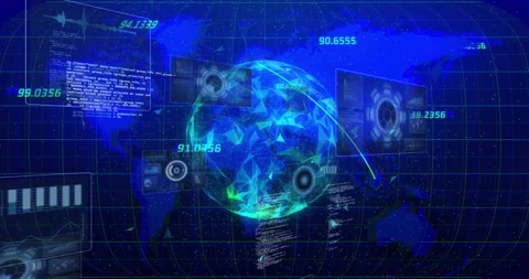 Curved arc sweeping 3D globe triggers UI panels appearing and data HUD pulsing Video stock 310438687