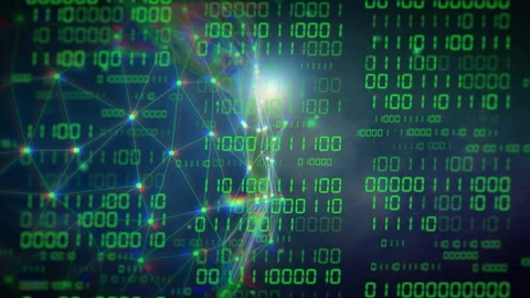 Curved arc sweeping, starting head mesh linking nodes and scrolling binary, Stock Footage 335739436