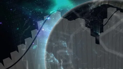 Curved arrowhead line sweeping from left, planet rotating while bars shifting, Stock Footage 332685833