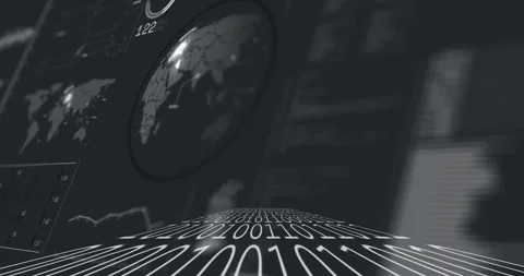 Curved binary grid pulsing, pulse starting, map highlights shifting, globe Stock Footage 330191234