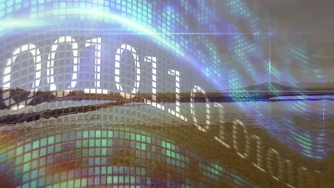 Curved binary ribbon responding to pulsing light, scrolling over horizon and Video stock 328331161