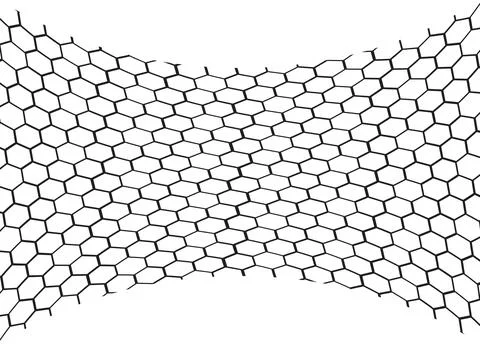 Curved black hexagon grid mesh with perspective distortion. Stock Illustration