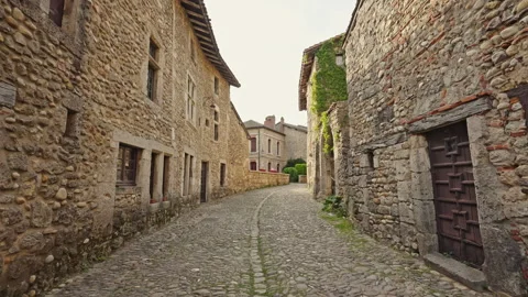 Curved Cobblestone Lane in Pérouges Medieval Village France Stock Footage 335807411