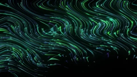 Curved colored lines of light in a wavy motion moving upward and to the sid.. Stock Footage 251004604