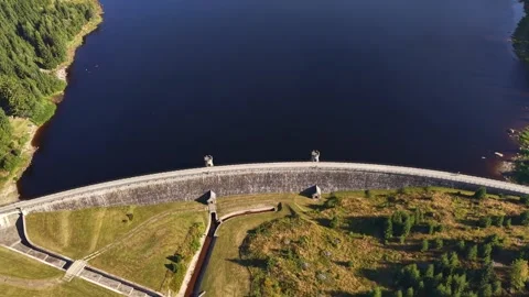 Curved dam spans deep blue lake with dense evergreen forest along shoreline, Stock Footage 345170883
