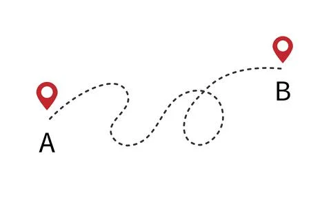 Curved dashed line from A to B path from start to finish points Stock Illustration