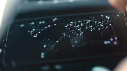 Curved data routes link nodes across world map Stock Photos