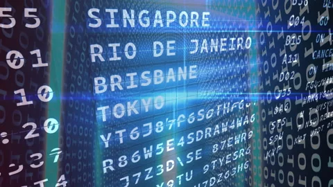 Curved digital panel showing scrolling city names over cascading code streams Stock Footage 309036261