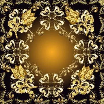 Curved doodling background. Tracery. Vector illustration. Patterns on black, yel Stock Illustration