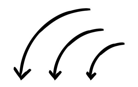Curved down arrows in sweeping motion hand-drawn sketch graphic element set Illustrazione stock
