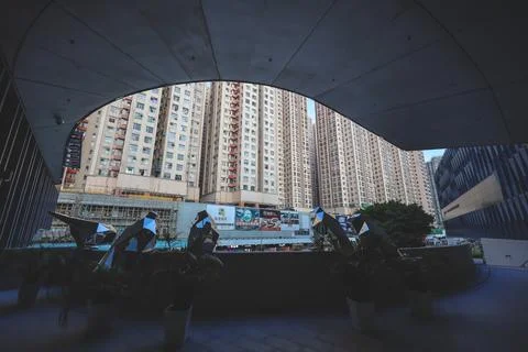 Curved EKCC opening frames dense residential towers outside Feb 8 2026 Stock Photos