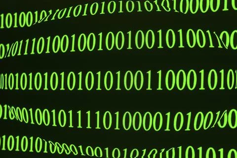 Curved green binary code on a black background, slightly distorted Foto stock