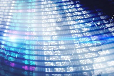 Curved LED display is showing tickers with shifting chart over world map, Ilustração Stock