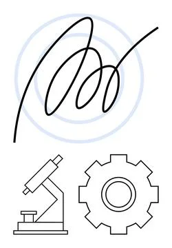 Curved line with concentric circles, microscope, and gear represent science,  스톡 일러스트