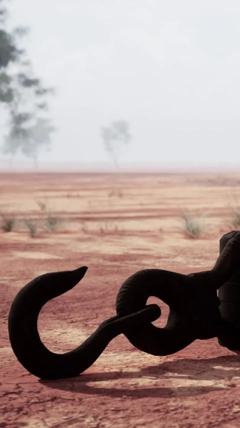 Curved metal hook lying on the ground in a dry landscape with a tree Stock Footage 340266029