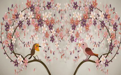 Curved multi-colored flowering trees with birds Stock Illustration