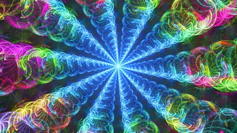 Curved multicolored beams radiating and revolving around white center spot. Stock Footage 333194768