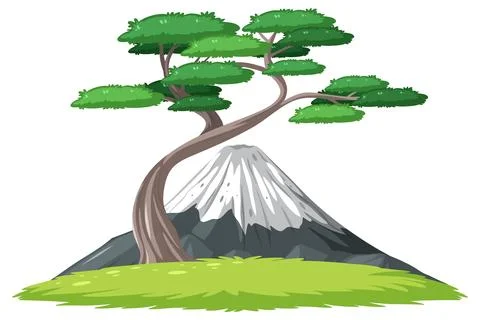 Curved Pine Tree with Snowy Mountain Background Vector Stock Illustration