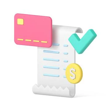 Curved realistic successful payment document with coin credit card and checkm Stock Illustration