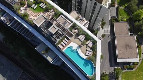 Curved rooftop swimming pool with sun loungers and planting on the terrace of a Stock Footage 343473243