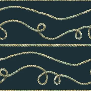 Curved ropes and tiny fish in soft neutral tones on dark marine background. Hand Stock Illustration