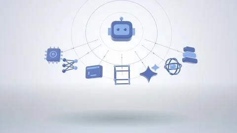 Curved row of neural network icons spoked to a robot assistant core seamless Stock Footage 342758830