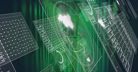 Curved semi-transparent panel floating in virtual space, with dashboards, gauges Illustrazione stock